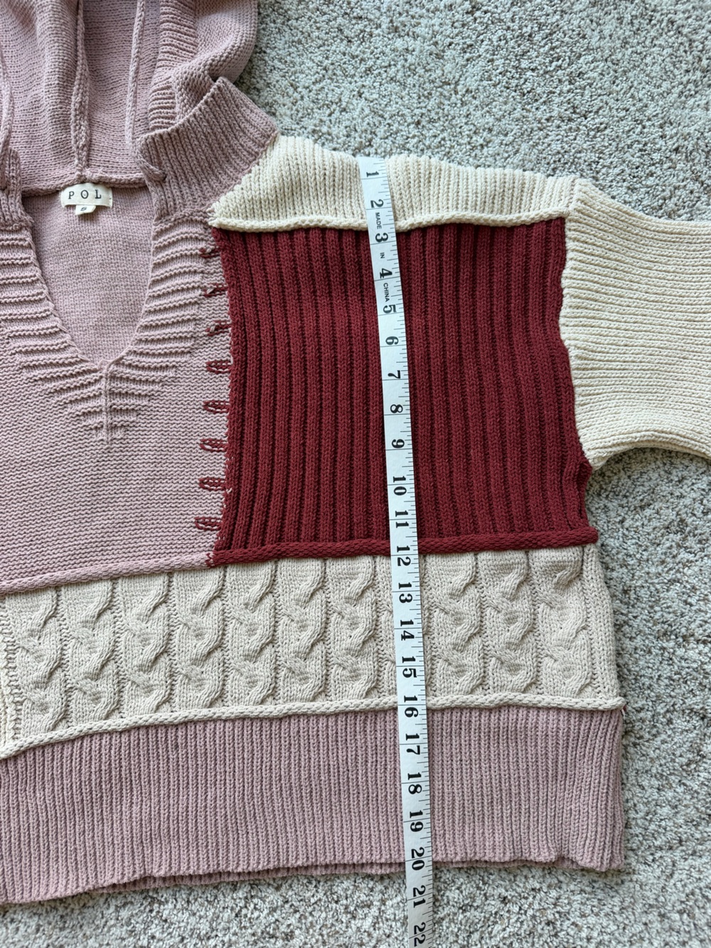 POL Patchwork Cable Knit Hooded Sweater Boho Oversized Small - Picture 11 of 12